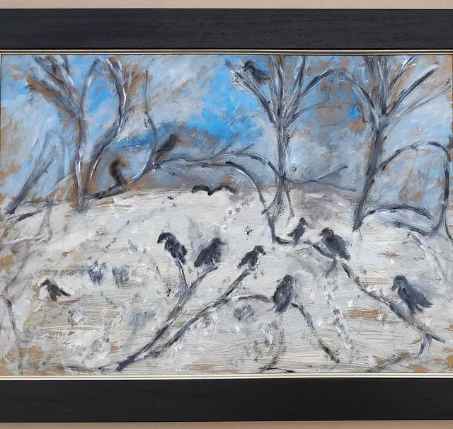 B.v.Schmiterlöw „Winterlandschaft mit Krähen“, Öl auf Hartfaser, ohne Jahr, 50x70 cm