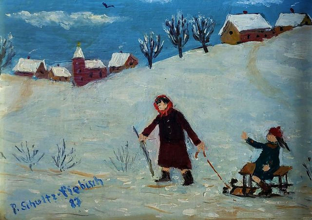 Paul Schultz-Liebisch,„Winterlandschaft mit Schlitten“, Öl, 1987, Maße 11x15 cm