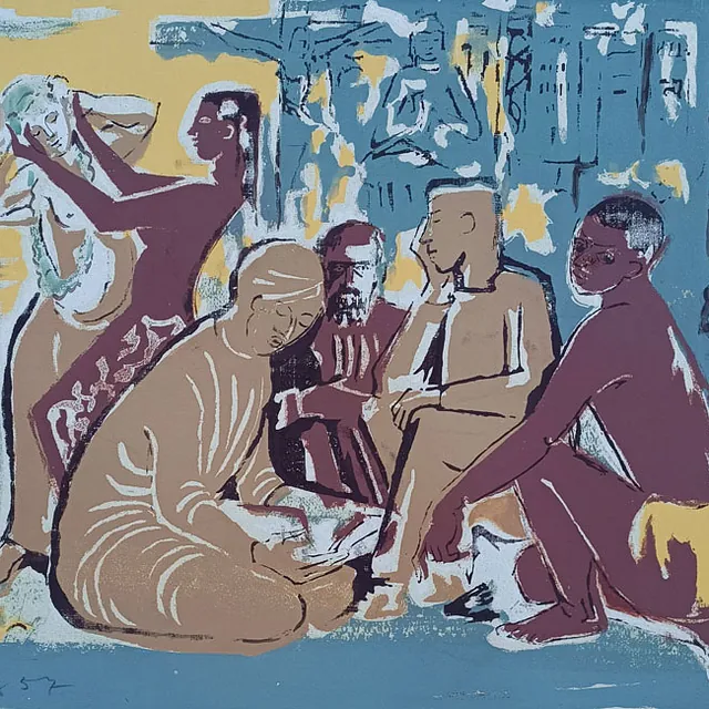 Kopetz, Vera „Laßt euch gegenseitig gelten, versteht einander“, 4-Farben-Handsiebdruck 1957, 36x43,5 cm
