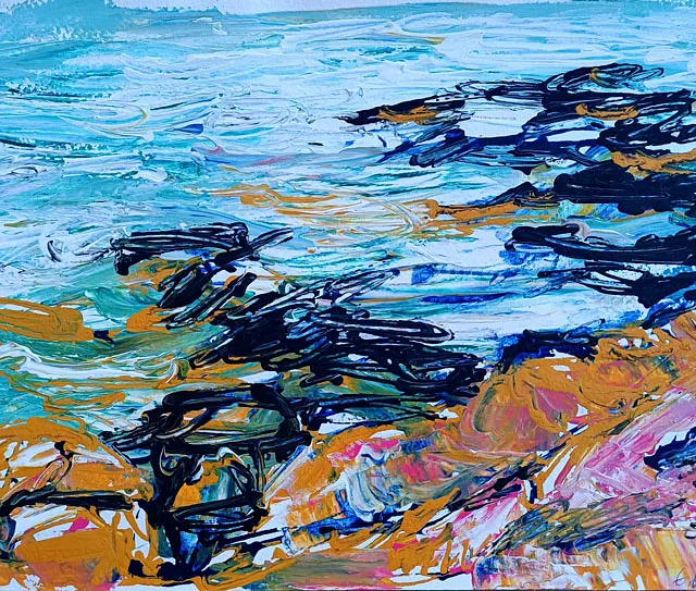Olsen, Ellena „Mit rosa Fels“, Acryl auf Karton, 2017, 20x30 cm
