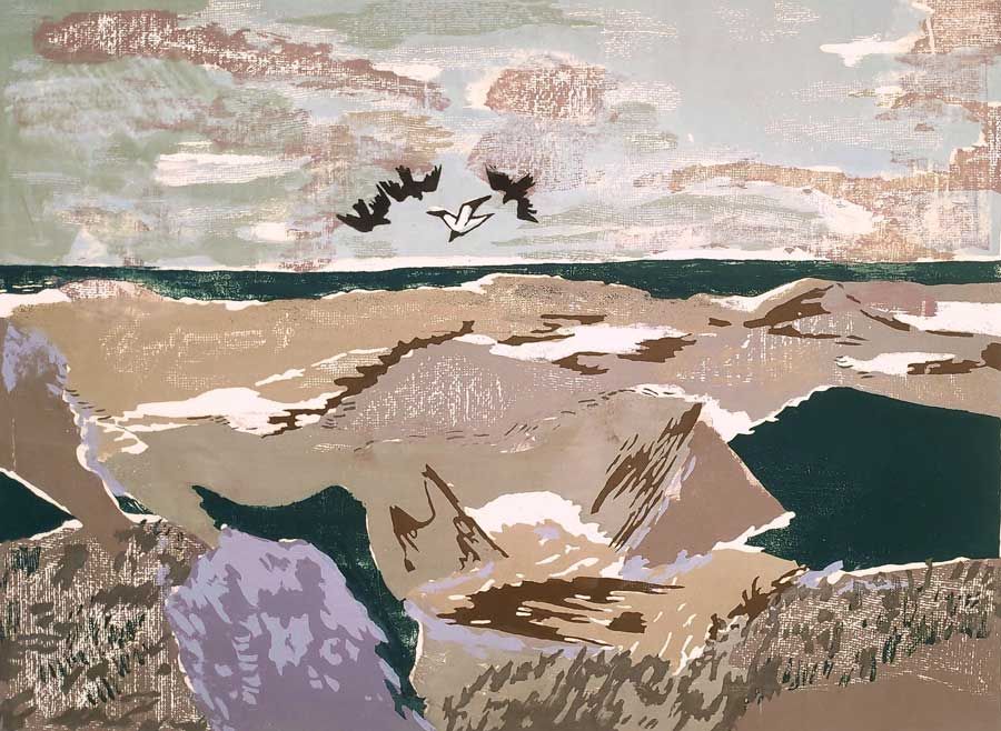 Kopetz, Vera „Winterlandschaft mit Vögeln“, 13-Farben Handsiebdruck, unten rechts signiert, 1980, 42x57 cm