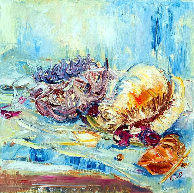 Olsen, Ellena "Stillleben mit Seeschnecke", Öl auf Leinwand, 2023, Maße 40X40 cm 