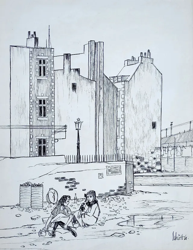 Franz-Theodor Schütt „Auf Jersey - Vorstadtstraße“, Federzeichnung, 1961, 63x48,5 cm