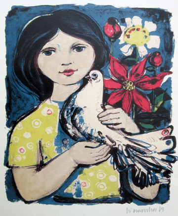 Womacka, Walter „Mädchen mit Taube“, Siebdruck, 2009