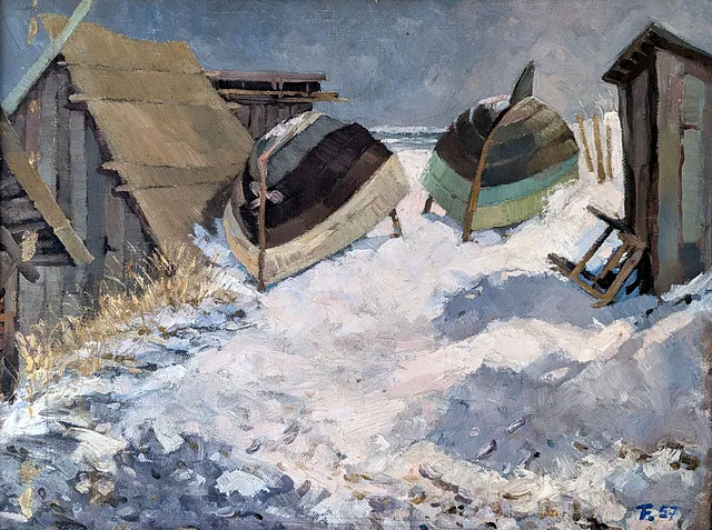 Theo Franz (1905 Augsburg - 1993 Zempin) Fischerhütte in Zempin, Öl auf Leinwand, 1957, 37,5x49 cm