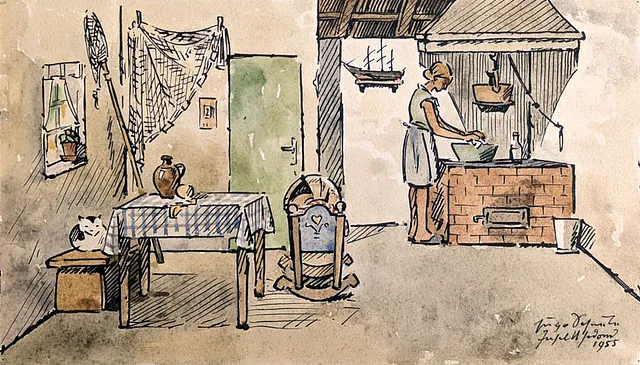 Hugo Scheele (1881 Arnsberg - 1960 Greifswald) Interieur mit Fischerfrau am Herd, AquarellFederzeichnung, 1955, 14,5x25 cm
