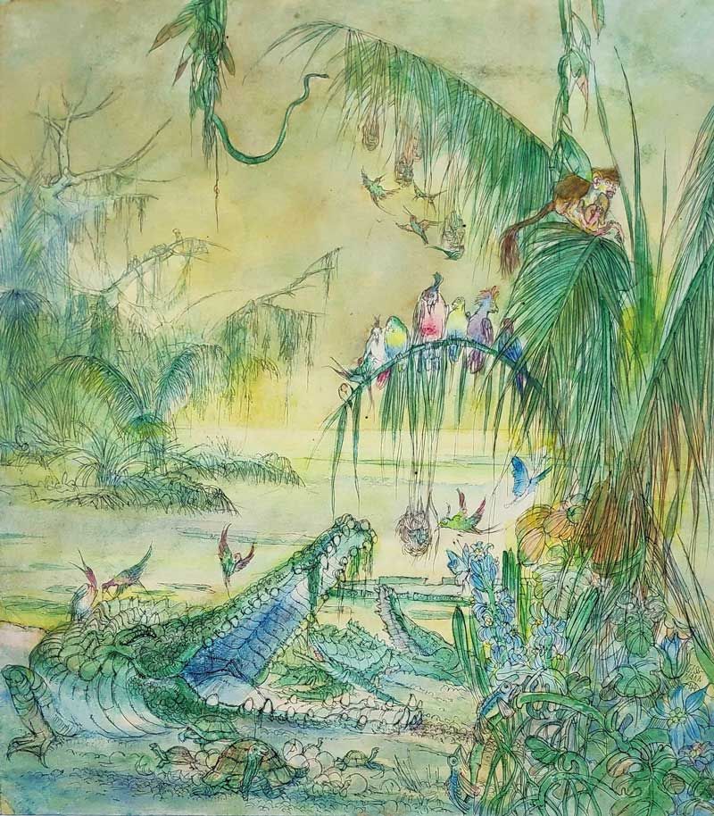 Goßmann, Gerhard „Am Amazonas I (Krokodil)“, aquarellierte Federzeichnung, 1944, 27,8x24,7 cm