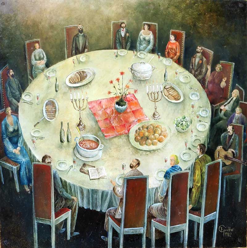 Günther, Bernd "Familienfest am runden Tisch", Öl auf Hartfaser, 1982, 30x29,8 cm