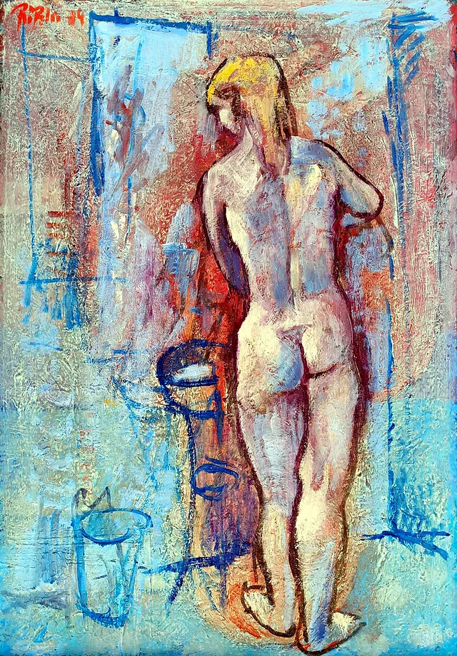 Rößler, Klaus "Am Morgen", Öl auf Malpappe, 1974, Maße 64x44 cm 