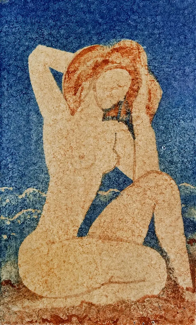 Rosa Kühn „Akt am Strand“, Unterglasurmalerei auf Keramikplatte, 1983, 28x17 cm