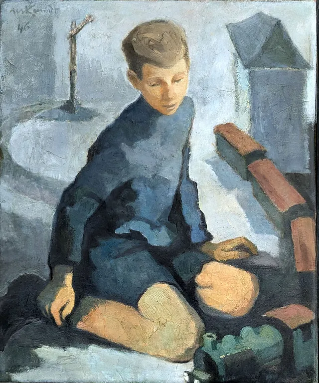 Manfred Kandt - Junge mit Eisenbahn 59 x 49 cm, Öl 1946