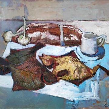 Köpp, Volker "Räucherflundern", Öl auf Leinwand, 2022, 50x60 cm