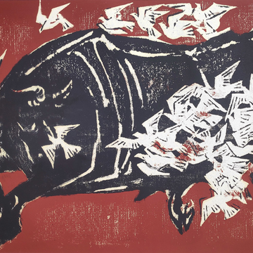 Kopetz, Vera „Stier von Tauben in die Flucht geschlagen“, 2-Farben Handsiebdruck, 1967