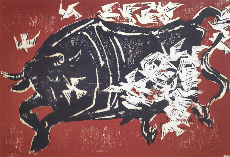 Kopetz, Vera „Stier von Tauben in die Flucht geschlagen“, 2-Farben Handsiebdruck, 1967