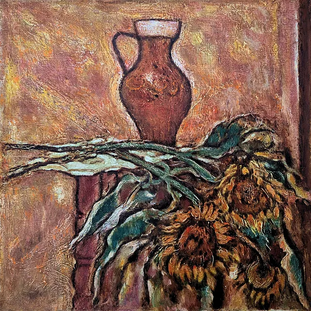 Hakenbeck, Harald „Stilleben mit Sonnenblumen und Krug“, Öl, 1970, 100x100 cm