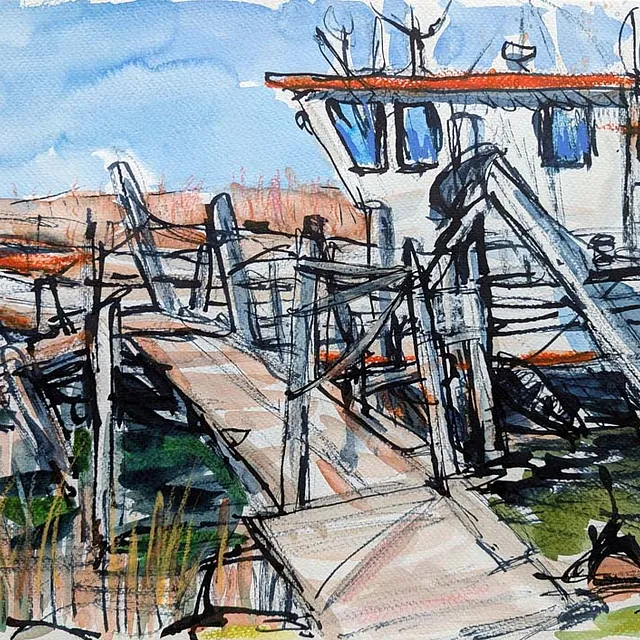 Zecherin IV - Kutter am Steg, Aquarell-Mischtechnik, 2025