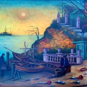 Stephan, Oskar Erich „16.Station in Odessa“, Öl auf Hartfaser, 1986, 70x90 cm