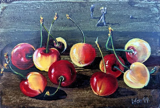 Walter Womacka - Rotgelbe Kirschen 15 x 22 cm, Öl 1994