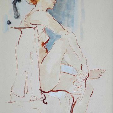 Klamann, Kurt „Sitzender Akt“, aquarellierte Tuschpinselzeichnung, 1977, 38x27,4 cm
