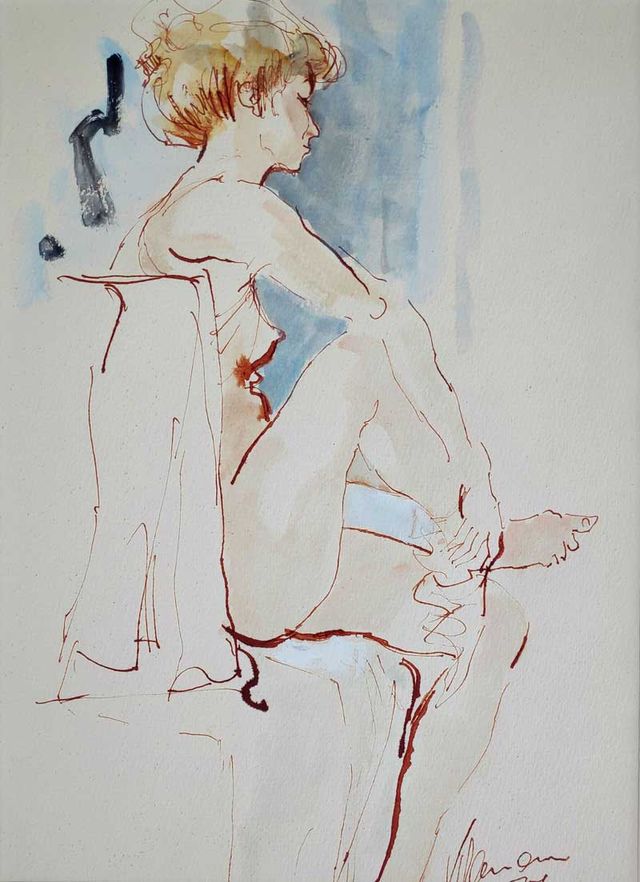 Klamann, Kurt „Sitzender Akt“, aquarellierte Tuschpinselzeichnung, 1977, 38x27,4 cm