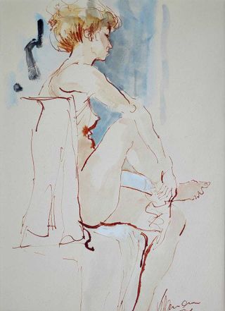 Klamann, Kurt „Sitzender Akt“, aquarellierte Tuschpinselzeichnung, 1977, 38x27,4 cm