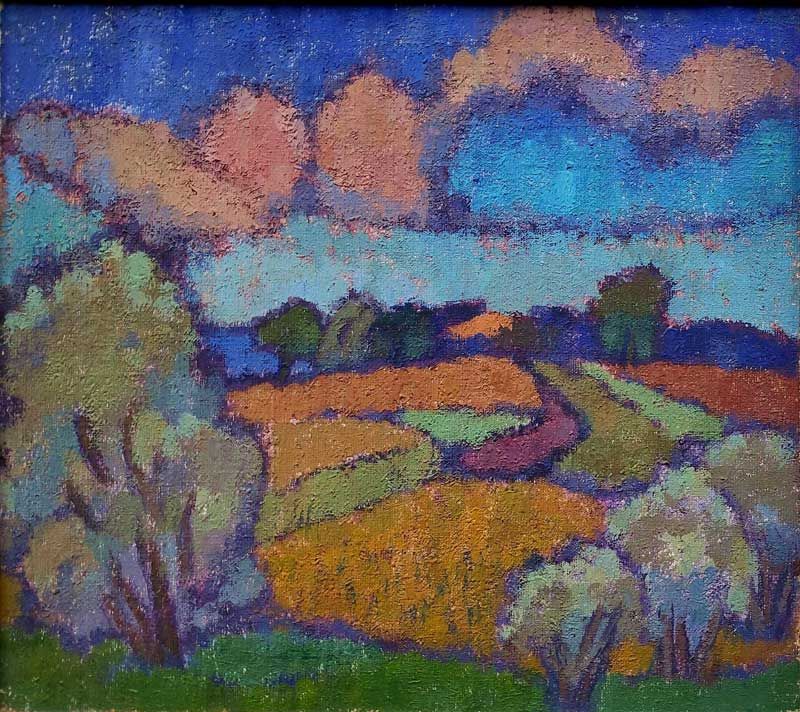 Schacht, Karen „Achterwasserlandschaft bei Ückeritz mit Wolken, Feldern und Bäumen", Öl auf Leinwand, um 1938, Maße: 33×37 cm