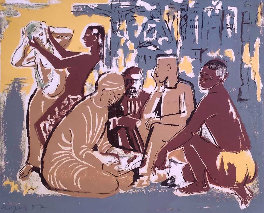 Kopetz, Vera „Laßt euch gegenseitig gelten, versteht einander“, 4-Farben-Handsiebdruck, unten links signiert und datiert, 1957, 36x43,5 cm