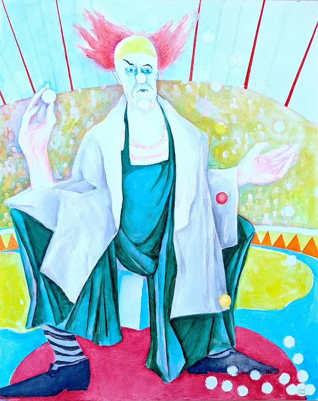 Lothar Scharsich (1939 Berlin) Clown – Jongleur, Öl auf Leinwand, 2020, 100x80 cm