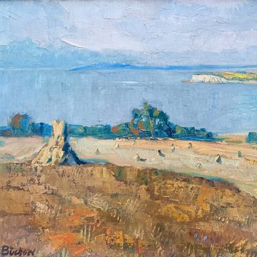 Büchsel, Elisabeth „Erntelandschaft am Bodden“, Öl auf Leinwand, um 1930, 41x50 cm