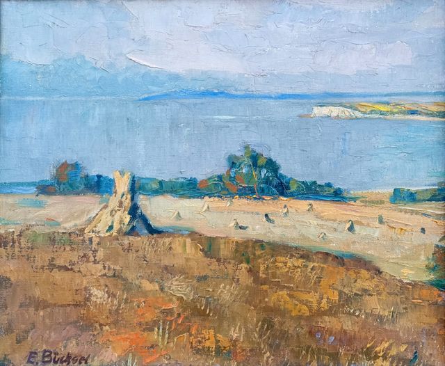 Büchsel, Elisabeth „Erntelandschaft am Bodden“, Öl auf Leinwand, um 1930, 41x50 cm