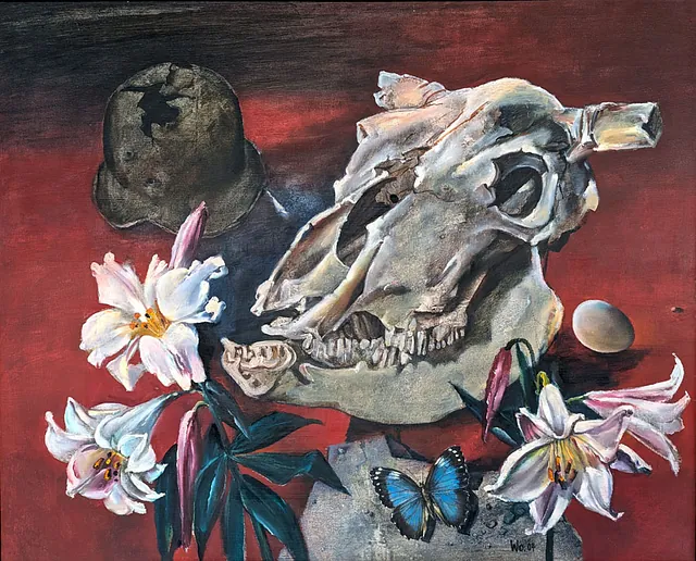 Walter Womacka (1925 Obergeorgenthal - 2010 in Berlin) Schädel, Helm und Lilien, Öl, 2004, 80x100 cm