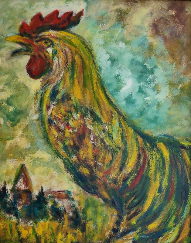 Schmiterlöw, Bertram von „Krähender Hahn vor Richtenberg bei Franzburg“, Öl auf Hartfaser, um 1970, 80x65 cm