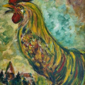 Schmiterlöw, Bertram von „Krähender Hahn vor Richtenberg bei Franzburg“, Öl auf Hartfaser, um 1970, 80x65 cm