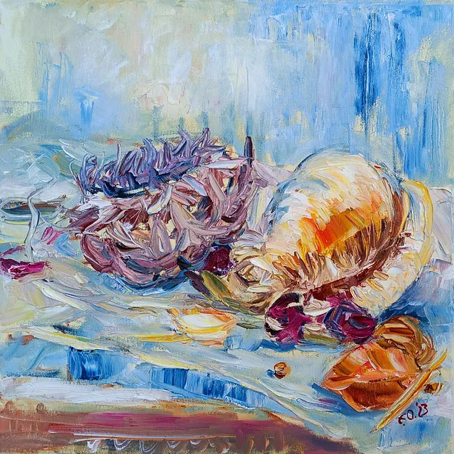 Olsen, Ellena „Stillleben mit Seeschnecke“, Öl auf Leinwand, 2023, 40X40 cm