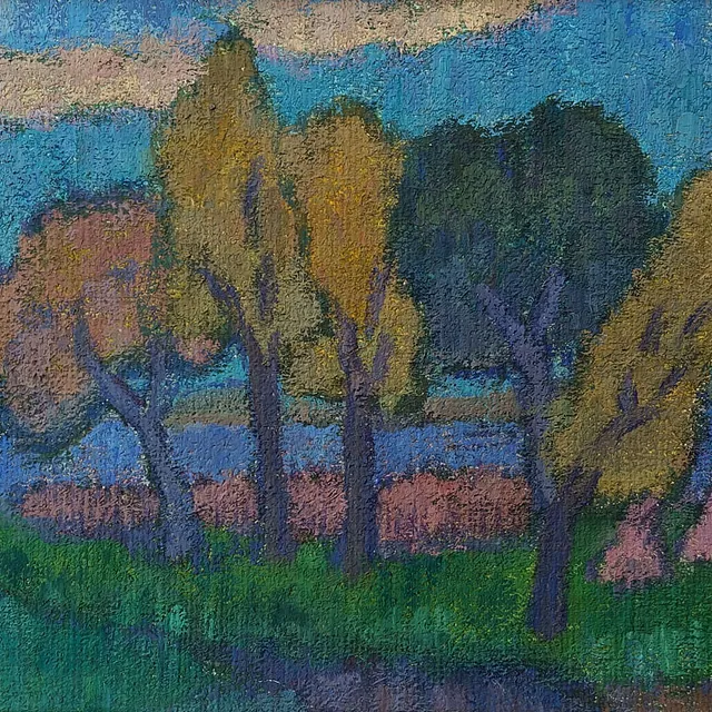 Karen Schacht (1900 Niederlößnitz - 1987 Kassel) Vier Bäume vor Achterwasser, Öl auf Leinwand, um 1938-39, 26,5x30 cm