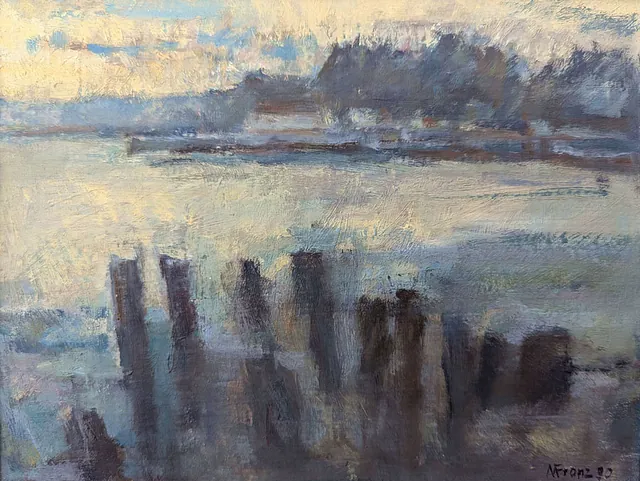 Martin Franz (1928 Hamburg – 2016 Greifswald) Morgenstimmung am Fischerdorf, Öl auf Pappe, 1990, 18,5x24 cm