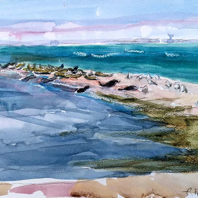 Oie II - Robben und Seevögel, Aquarell-Mischtechnik, 2025