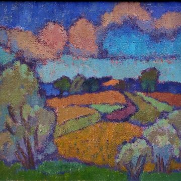 Schacht, Karen „Achterwasserlandschaft bei Ückeritz mit Wolken, Feldern und Bäumen", Öl auf Leinwand, um 1938, 33×37 cm