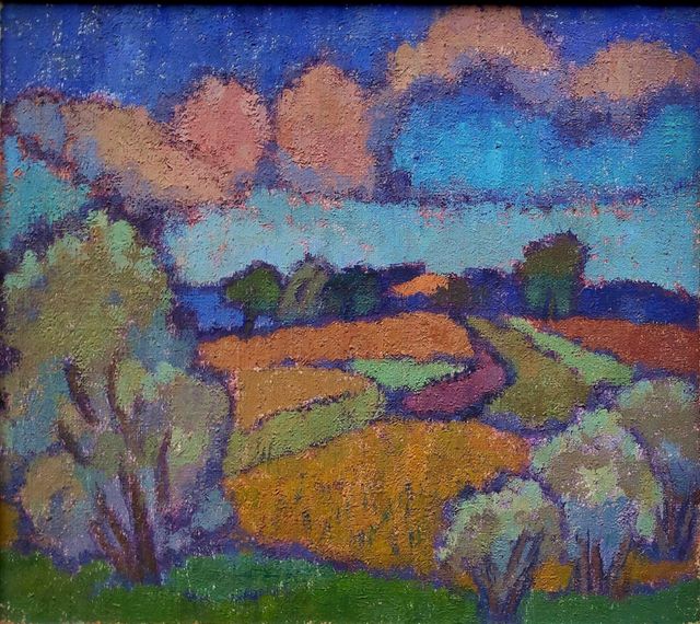 Schacht, Karen „Achterwasserlandschaft bei Ückeritz mit Wolken, Feldern und Bäumen", Öl auf Leinwand, um 1938, 33×37 cm