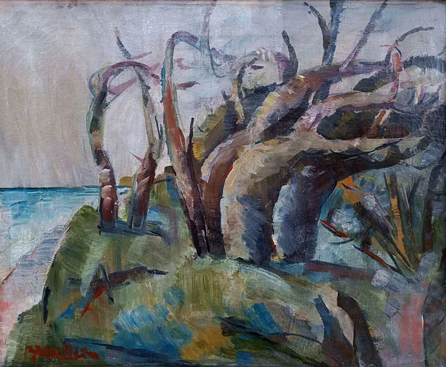Horst Zickelbein „Windflüchter am Weststrand (Darss)“, Öl auf Leinwand, 1965, 45x55 cm