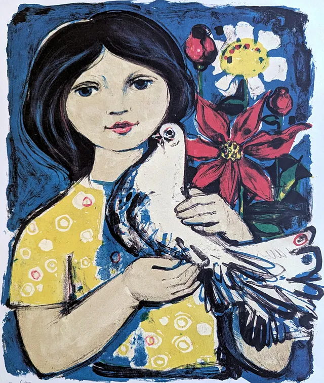 Womacka, Walter - Mädchen und Taube, 1960, 39,5x33 cm
