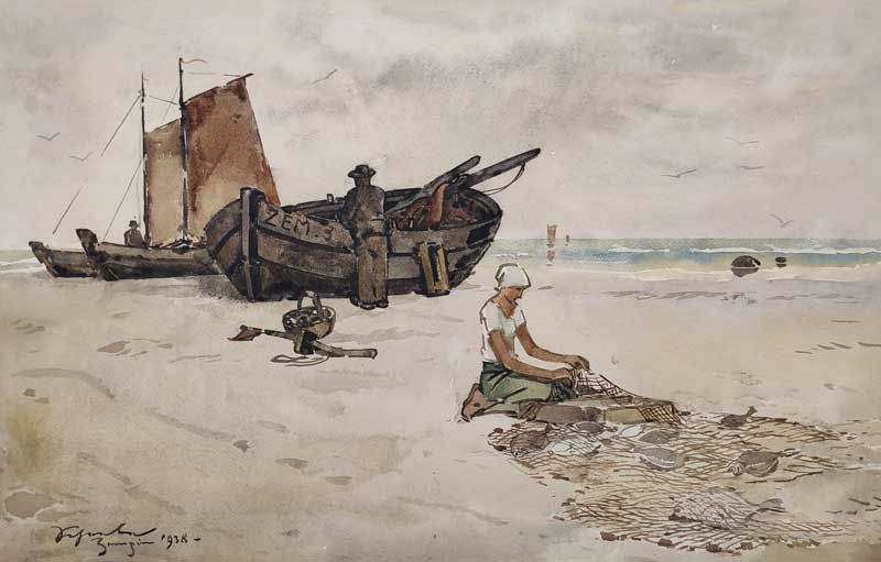 Scheele, Hugo „Zempiner Fischerpaar am Strand“, Aquarell, unten links signiert, Ortsangabe: Zempin und datiert, 1938, Maße: 29,4x46 cm (Bl.)