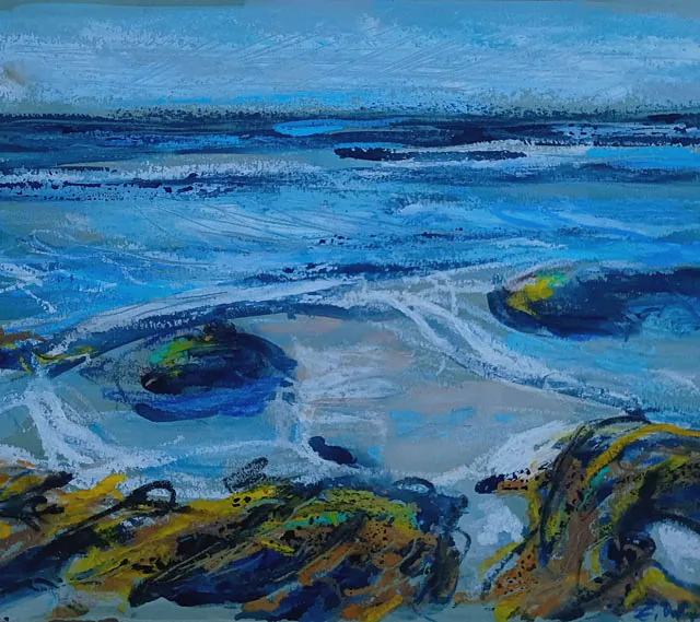 Olsen, Ellena „Zwei umspült“, Mischtechnik auf grünen Karton, 2023, 20,8x29,5cm