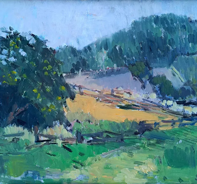 Curio, Sabine „Schafkoppel“, Öl auf Hartfaser, 1988, 29x40 cm