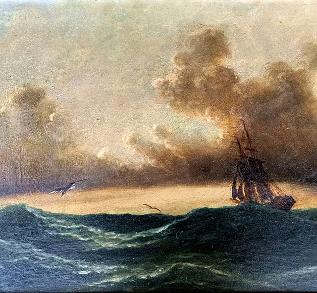 Schöngrün, Alexis Carl Gottfried „Segelschiff in schwerer See“, Öl, um 1890, 50x75 cm