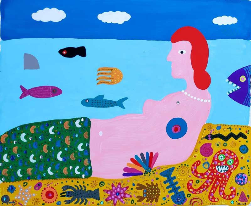 John, Holger "Strandnixe" - POSTBAROCK, Acryl / Molotov Edding / Collage / Strass auf Leinwand, 2022, 50×60 cm