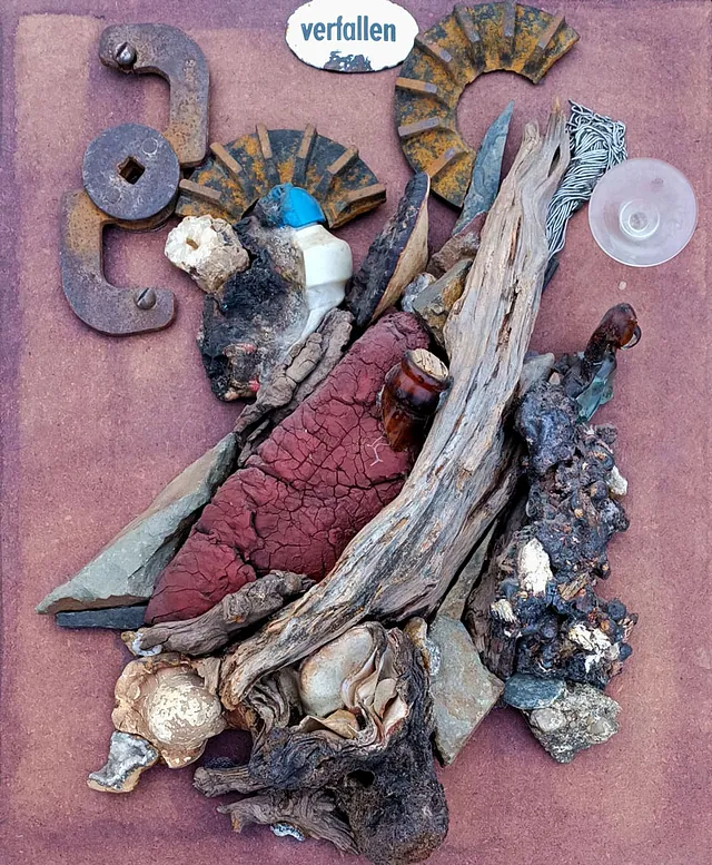 Dieter Holz „Thüringer Stilleben verfallen“, Materialcollage, um 1980, 47x38,5 cm
