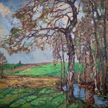 Kolbe, Ernst „Landschaft mit Bachlauf unter Birken, pflügendem Bauer und Mühle“, Öl auf Leinwand, 1928, 68x74cm