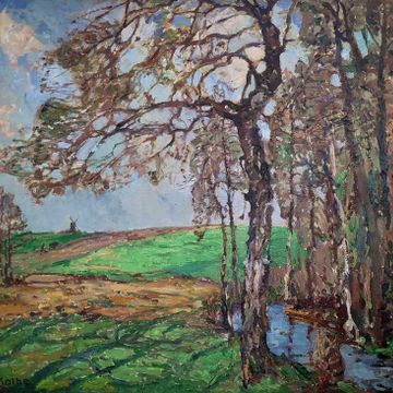 Kolbe, Ernst „Landschaft mit Bachlauf unter Birken, pflügendem Bauer und Mühle“, Öl auf Leinwand, 1928, 68x74cm