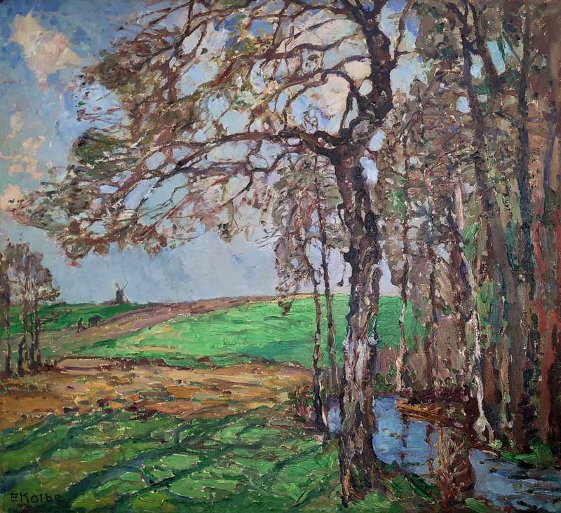 Kolbe, Ernst „Landschaft mit Bachlauf unter Birken, pflügendem Bauer und Mühle“, Öl auf Leinwand, 1928, 68x74cm